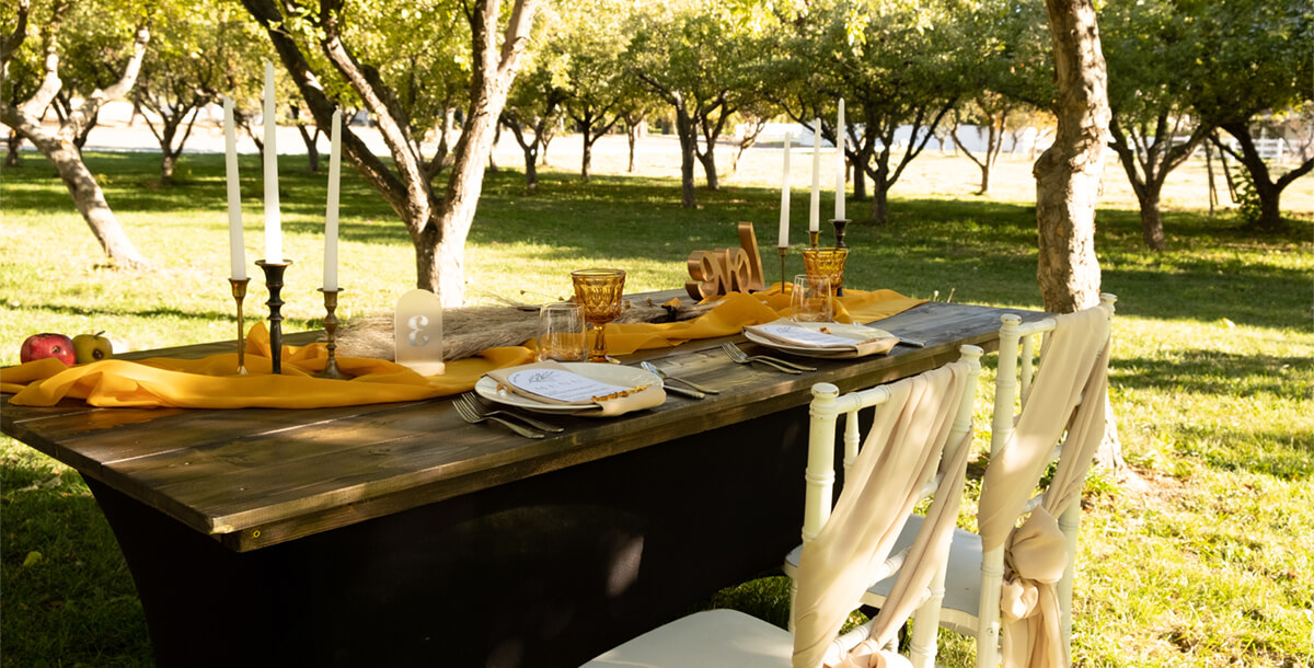 Outdoor table set up with candles and wedding place mats with a backdrop of apple trees